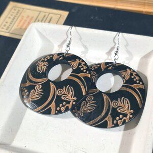 Flower Abstract Art Tribal Style Black Tan Laser Etched Handmade Wood Earrings